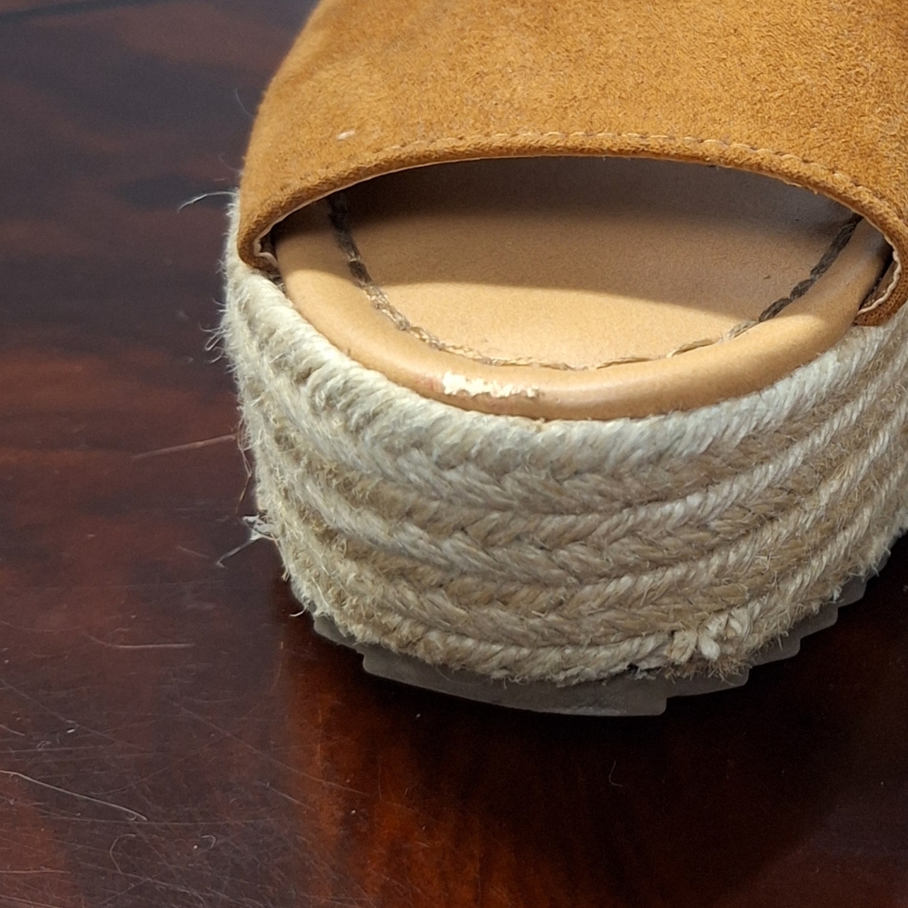 American Eagle Tan Faux Suede Open Toe Buckle Strap Platform Espadrilles Sandals - Picture 16 of 16